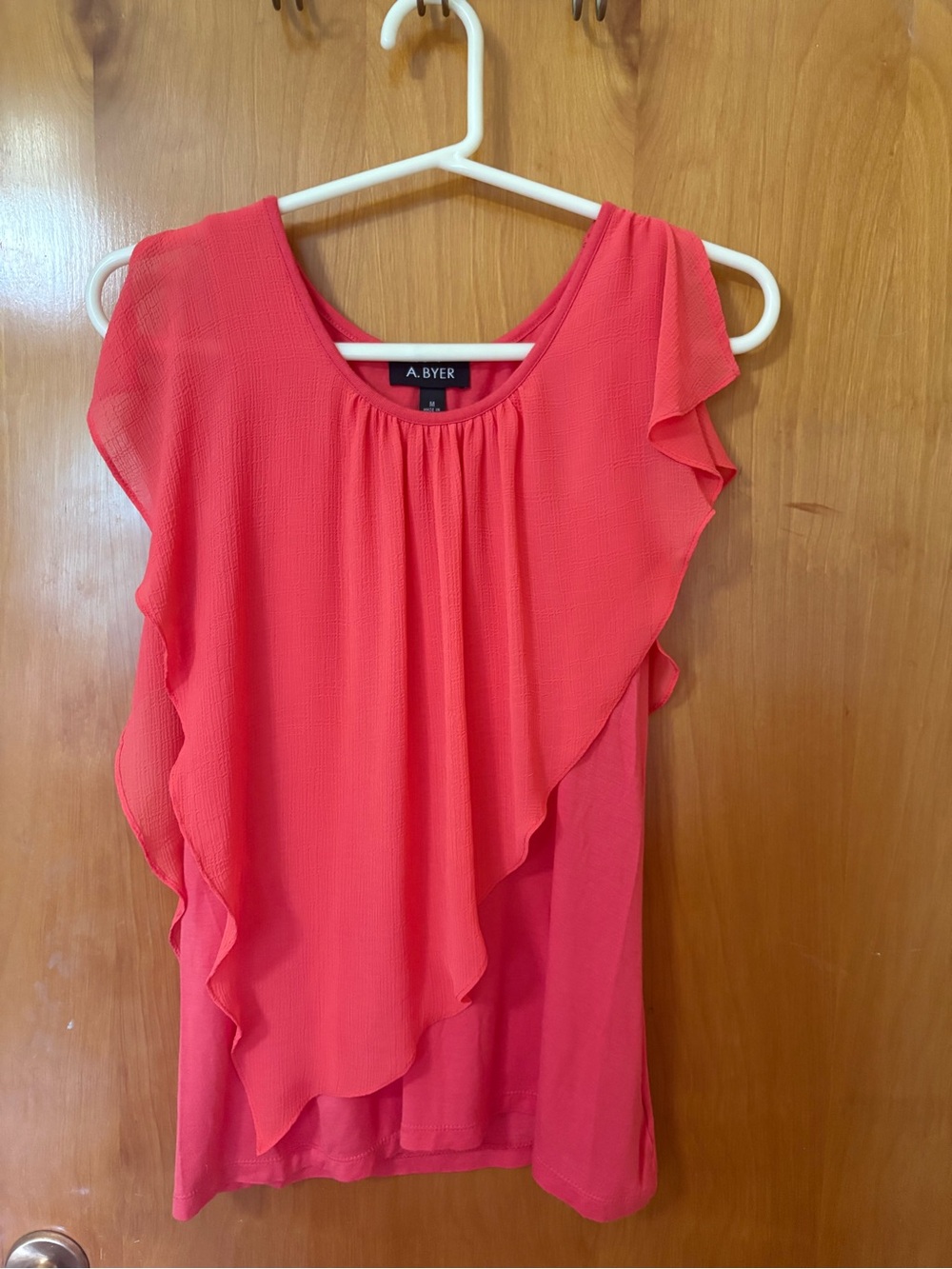 A. Byer Coral Pink Ruffle Sleeve Women's Top - Picture 2 of 5